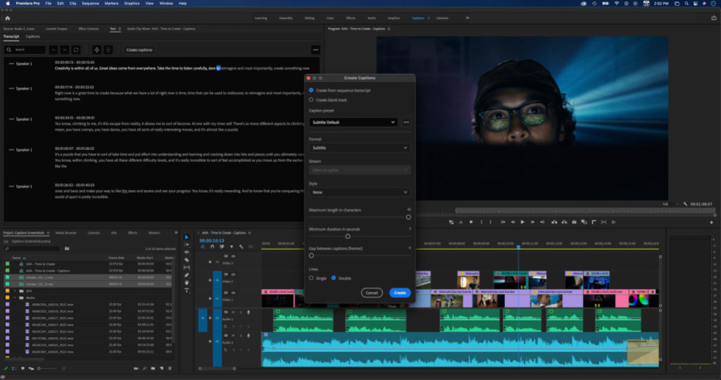 Screen shot of automatic transcription in use on Premiere Pro